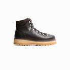 Dark brown hiking boot with a tan sole on a white background