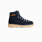 Navy hiking boot with tan sole on a white background